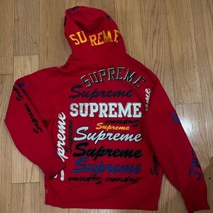 Supreme Red Hoodie with Multicolor Logos